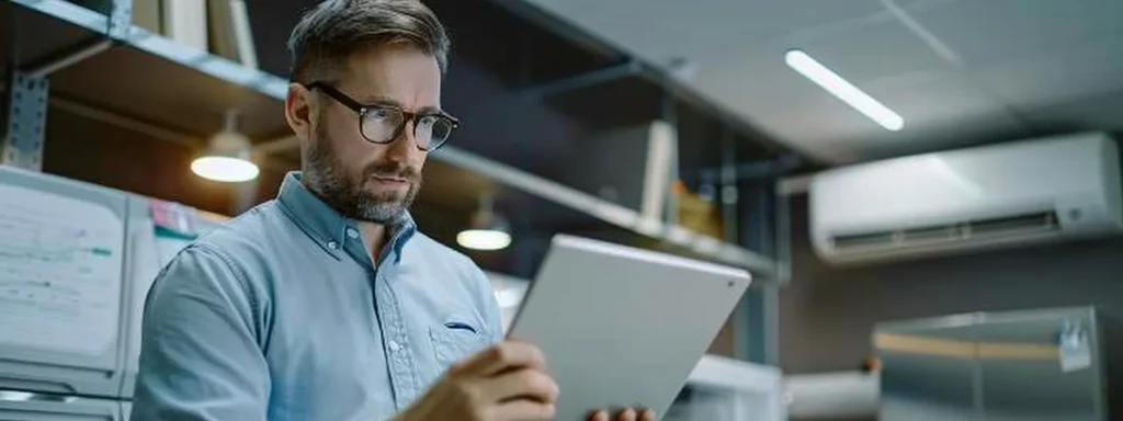 a professional technician in a sleek modern office, intently reviewing air conditioning equipment specifications on a high-tech tablet, surrounded by illustrated guides and service checklists meticulously displayed on a contemporary desk.