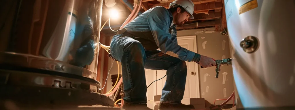 a professional technician meticulously installs a modern water heater in a well-lit tacoma basement, showcasing safety equipment and compliance with installation protocols.