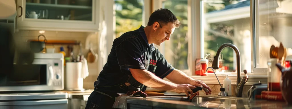 a seasoned tacoma plumber confidently inspects a modern, gleaming kitchen sink, surrounded by advanced plumbing tools and equipment, showcasing expertise and commitment to quality service in intimate afternoon lighting.