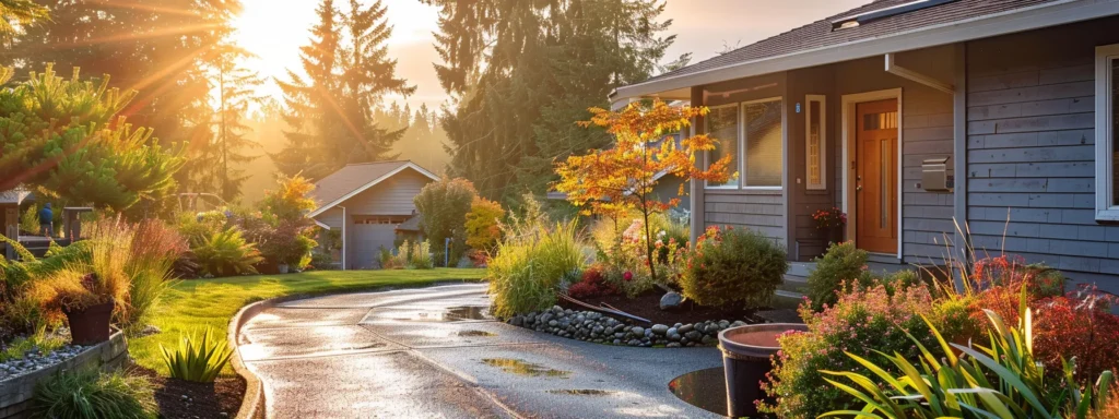a serene tacoma home, featuring a well-maintained outdoor plumbing system bathed in soft morning light, symbolizes the peace of mind achieved through regular inspections and reliable maintenance services.
