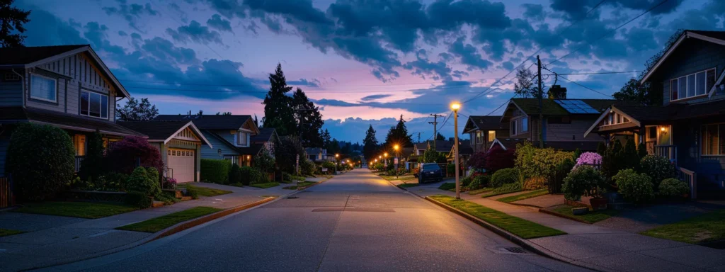 a serene tacoma neighborhood is illuminated by the warm glow of a streetlamp, showcasing a row of cozy homes, each with a welcome mat, symbolizing community trust in local emergency plumbing services.