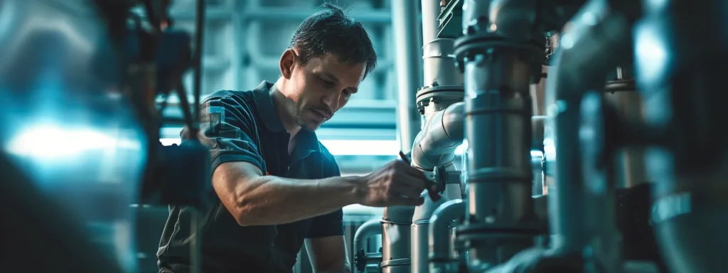 a skilled commercial plumber expertly diagnosing a complex piping system in a modern tacoma office, illuminated by bright, focused overhead lighting that highlights the intricate details of the plumbing infrastructure.