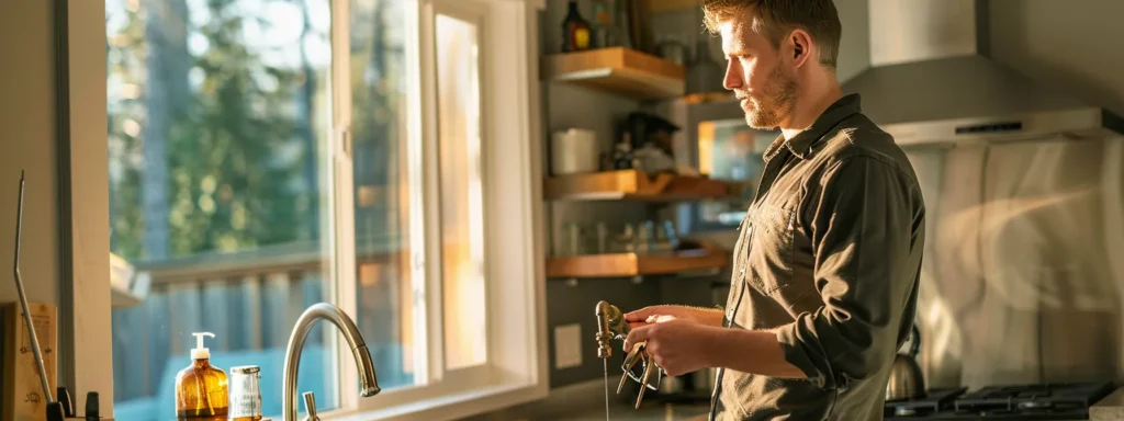 a skilled plumber confidently inspects a gleaming pipe system in a modern tacoma home, bathed in warm natural light that highlights the professionalism and care taken in essential pipe repairs.