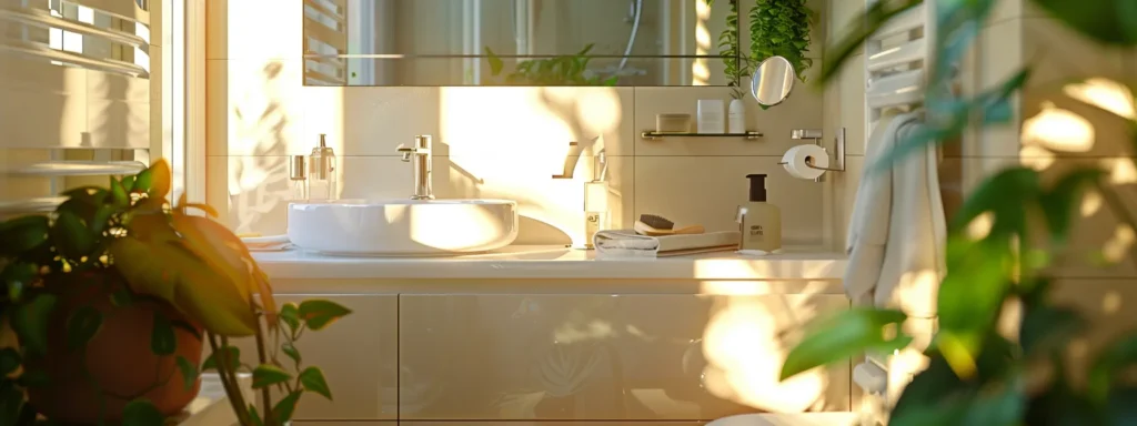 a skilled plumber expertly inspects a pristine, well-lit residential bathroom, showcasing modern plumbing fixtures and tools that represent reliable and efficient plumbing services in tacoma.