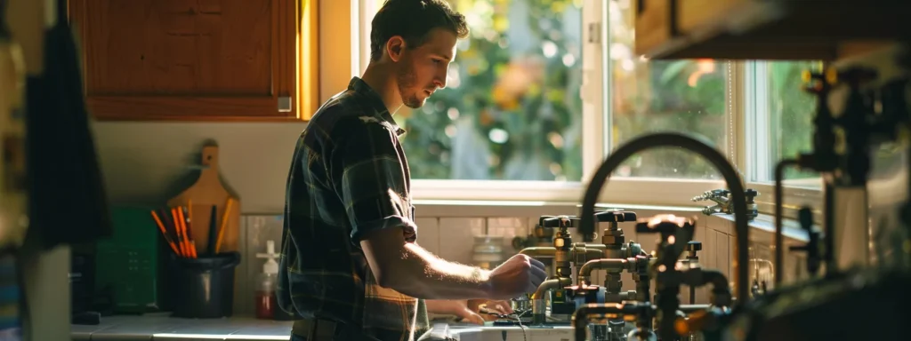 a skilled plumber inspects a system of intricately connected pipes in a tacoma home, illuminated by soft natural light filtering through a nearby window, highlighting the intricate details of the plumbing while capturing the essence of professional expertise in addressing common household challenges.