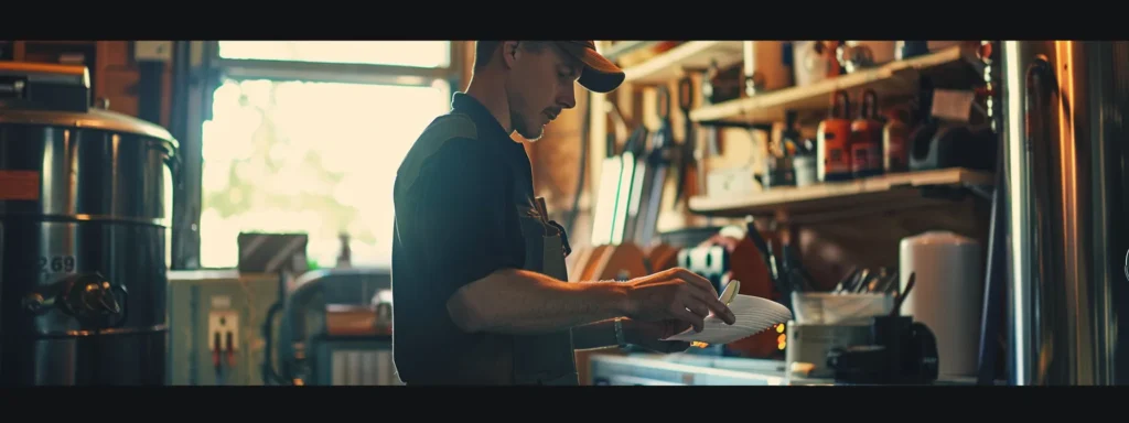 a skilled tacoma plumber confidently inspects a modern water heater inside a well-lit, organized workshop, showcasing expertise in local regulations while surrounded by tools of the trade.