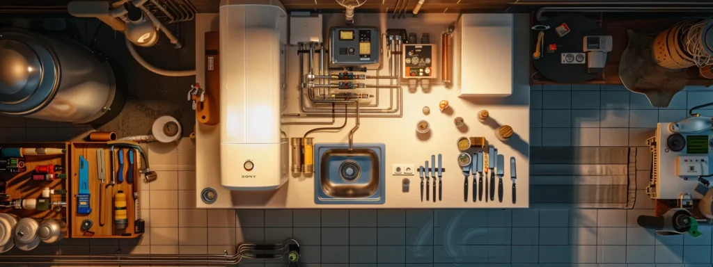 a skilled technician carefully installs a modern tankless water heater, surrounded by essential electrical and plumbing components, illuminated by soft overhead lighting that highlights the precision and safety of the process.