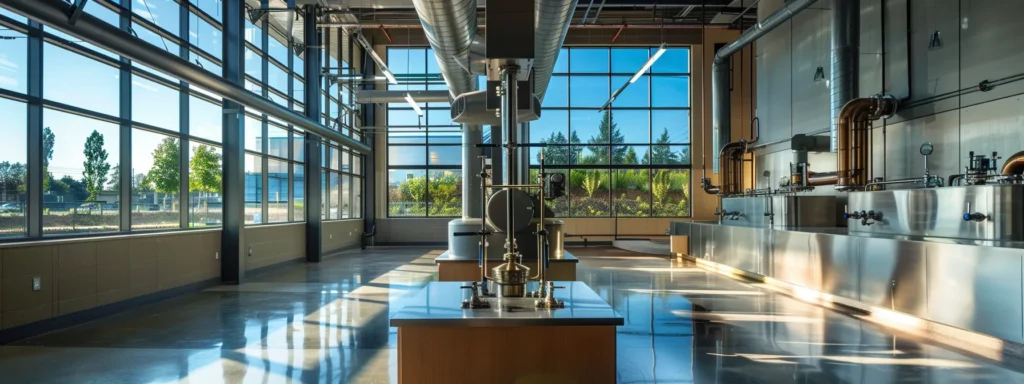 a sleek, modern commercial plumbing facility in tacoma, featuring prominent pipes and tools, illuminated by soft daylight streaming through large windows, symbolizing efficiency and reliability in plumbing solutions.