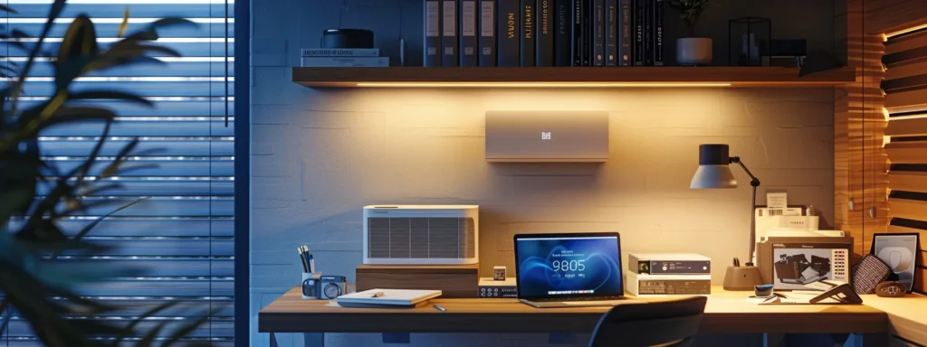 a sleek, modern home office featuring a smart thermostat prominently displayed on the wall, surrounded by energy-efficient hvac brochures and a digital tablet showcasing heating and cooling options, all illuminated by ambient lighting that emphasizes a clean, organized aesthetic.