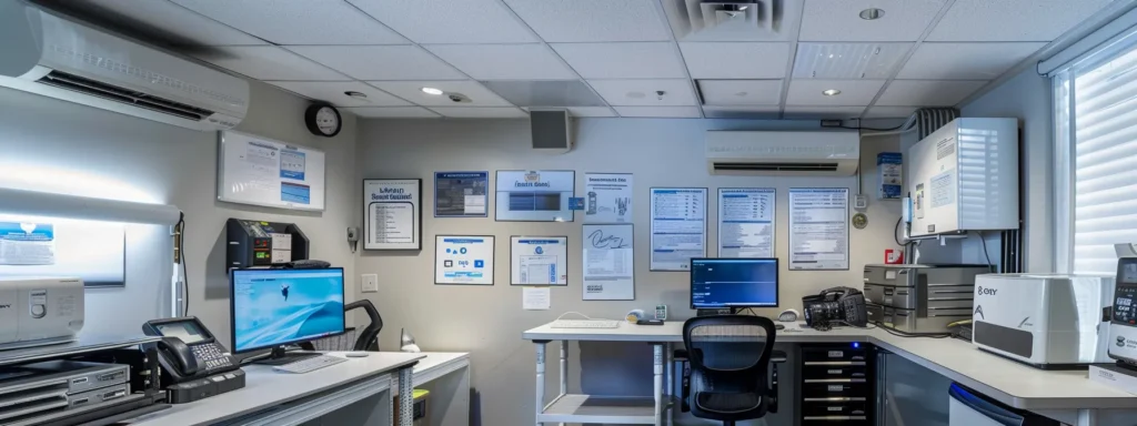a sleek, modern hvac service office showcases a professional technician inspecting a high-efficiency air conditioning unit, surrounded by wall-mounted certifications and glowing customer review plaques that emphasize reliability and expertise.