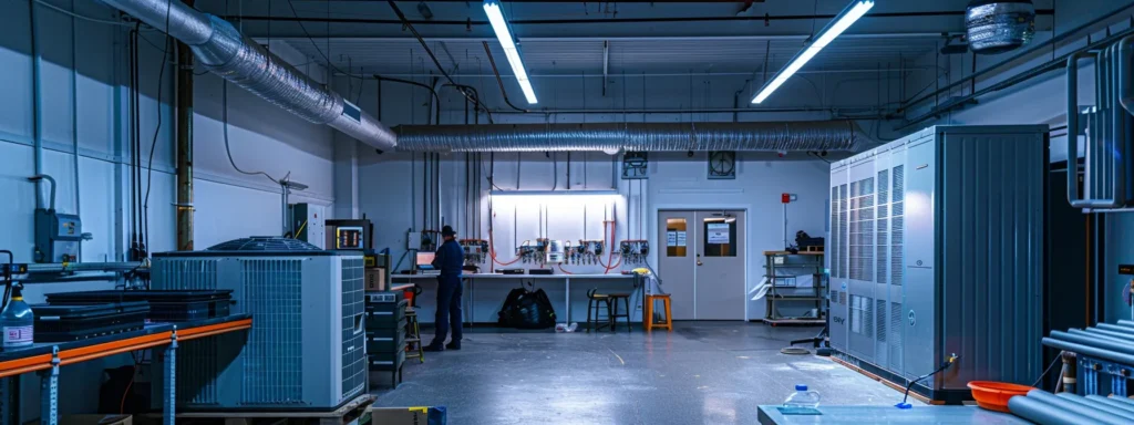 a sleek, modern hvac service center, highlighting technicians expertly working on advanced air conditioning units alongside a high-tech control panel, illuminated by bright fluorescent lights to emphasize professionalism and efficiency.