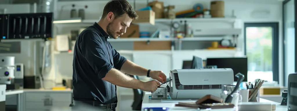 a sleek, modern hvac technician adjusting a high-efficiency unit in a well-lit, contemporary office environment, surrounded by tools and equipment that highlight the technology of climate control.