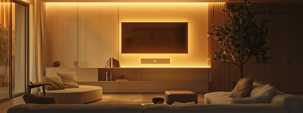 a sleek, modern living room features a cutting-edge heating and cooling system displayed prominently on the wall, with a sophisticated digital thermostat glowing softly, creating an atmosphere of comfort and technology in a well-lit, stylish interior.