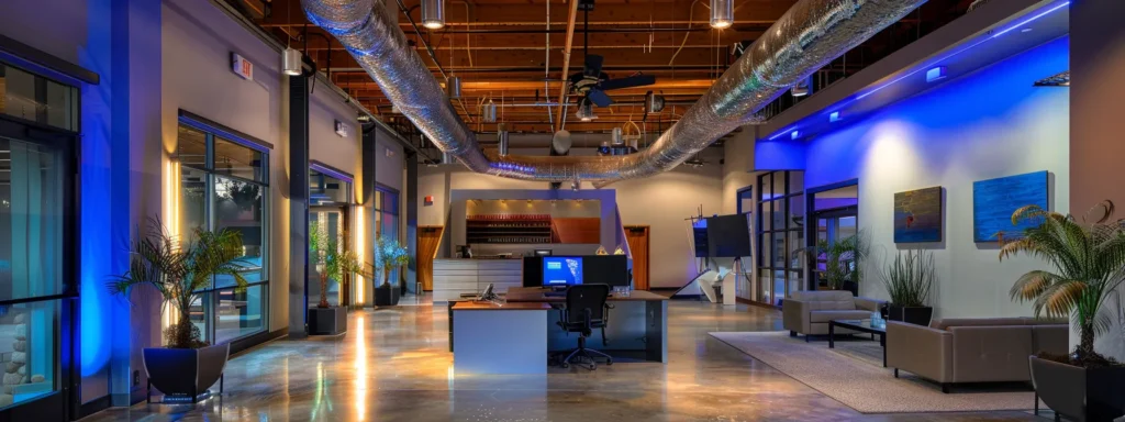a sleek, modern office featuring advanced air plumbing systems with elegant, metallic ductwork elegantly integrated into the ceiling, illuminated by soft, ambient lighting.