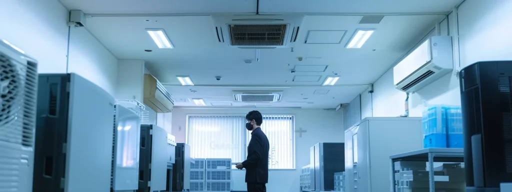 a sleek, modern office filled with advanced air conditioning units, showcasing a technician in a crisp uniform inspecting the high-tech system under bright, focused lighting.