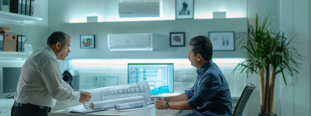 a sleek, modern office interior showcases a focused hvac contractor consulting with a homeowner over detailed blueprints and digital hvac system schematics, with a backdrop of sophisticated climate control equipment and certification plaques affirming their expertise.