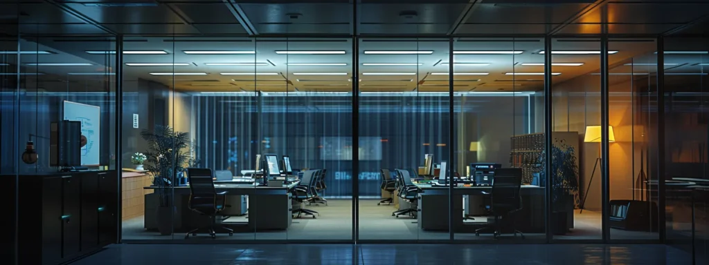 a sleek, modern office interior is illuminated by a soft glow from innovative hour heating units mounted on the walls, creating a warm and inviting atmosphere that highlights the efficiency of cutting-edge climate control technology.