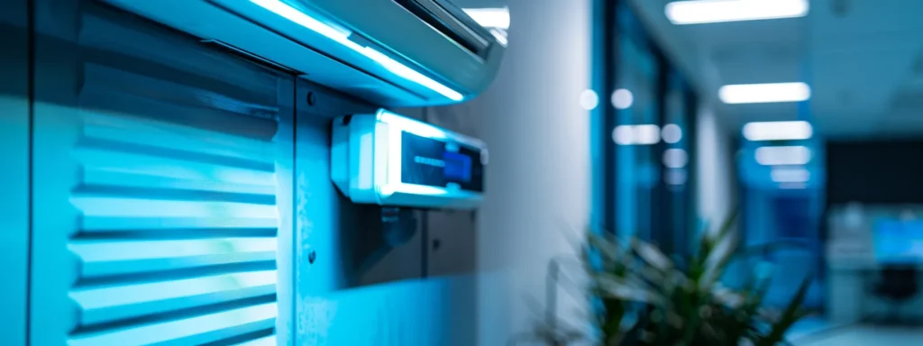 a sleek, modern office interior features a state-of-the-art central heating and cooling control panel, illuminated by soft, ambient lighting, strategically highlighting the advanced technology integrated into the space.