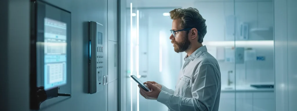 a sleek, modern office setting showcases a professional hvac technician examining a digital pricing display on a tablet, highlighting the complexities of around-the-clock service estimates against a backdrop of sophisticated heating and cooling equipment.