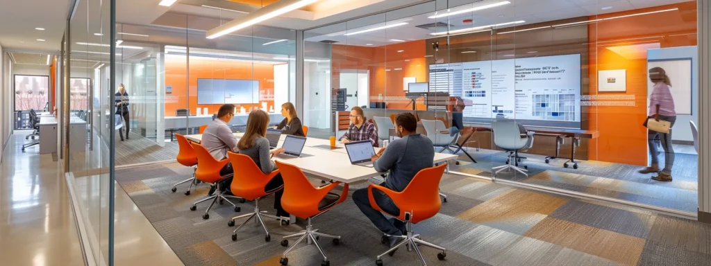 a sleek, modern office space showcases a diverse group of professionals engaged in a collaborative meeting, reviewing detailed hvac estimates on digital tablets, surrounded by charts and service brochures that emphasize contract values and energy efficiency upgrades.