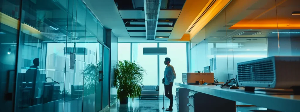 a sleek, modern office space in las vegas, showcasing a technician expertly servicing a high-efficiency air conditioning unit, surrounded by diagnostic equipment and punctuated by bright, artificial lighting that emphasizes the urgency of reliable climate control solutions.