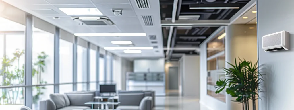 a sleek, modern office with a sophisticated heating system display, showcasing a range of innovative thermostat designs against a backdrop of polished furniture and ambient lighting, emphasizing cutting-edge technology in climate control.