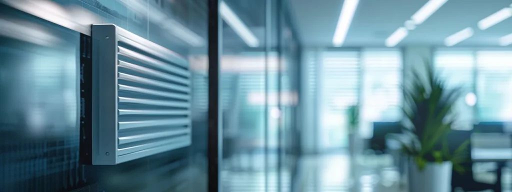 a sleek, modern office with a prominently displayed emergency air conditioning unit, bathed in focused artificial lighting that highlights its industrial design and efficiency.