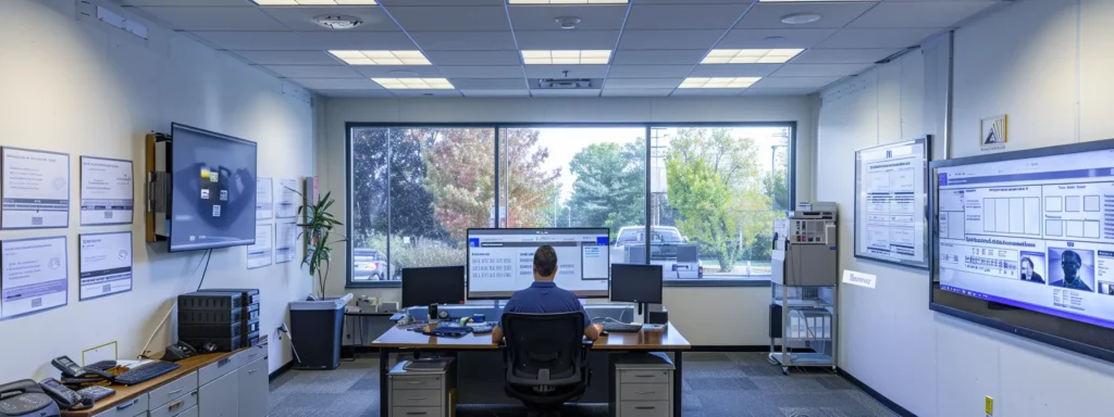 a sleek, modern office workspace showcases a professional hvac contractor reviewing digital reviews and technical credentials on a laptop, with a wall of certificates and licensing prominently displayed in the background.