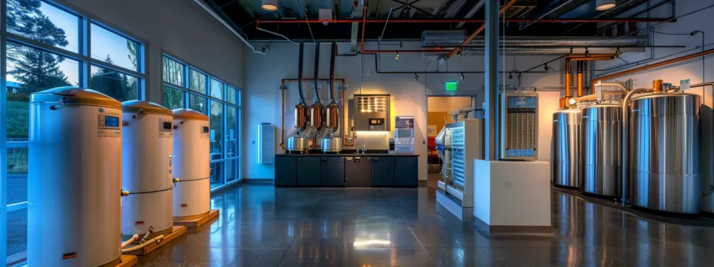 a sleek, modern water heater showroom in tacoma displays a variety of gas, electric, and tankless systems under soft, ambient lighting, emphasizing efficiency and innovation for business owners.