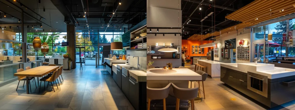 a striking split-image featuring a bustling, budget-friendly tacoma plumbing service on one side, contrasted with an elegant, high-end plumbing showroom adorned with luxurious fixtures on the other, illuminated by soft, inviting lighting.