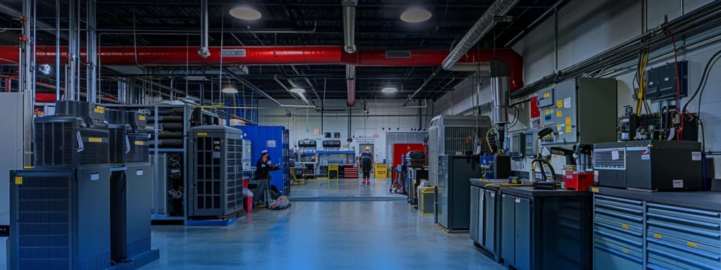 a tense and modern emergency hvac service center, brightly lit with overhead led lights, showcases a sophisticated technician diagnosing a malfunctioning air conditioning unit, surrounded by essential tools and equipment, emphasizing the urgency of after-hours repairs.