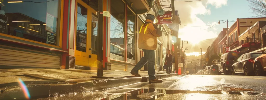 a vibrant, bustling tacoma street scene featuring a friendly local drain cleaning service technician inspecting a clean, smoothly flowing drain, with colorful storefronts in the background under bright, inviting sunlight.