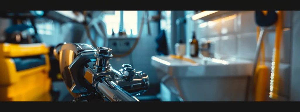 a vibrant close-up of a gleaming, modern plumbing tool set against a blurred background of a flooded bathroom, emphasizing urgency and the need for immediate plumbing assistance.