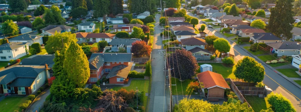 a vibrant tacoma neighborhood showcases homeowners engaging in conversations about plumbing services, with bright homes and lush greenery as a backdrop, capturing a sense of community and resourcefulness.