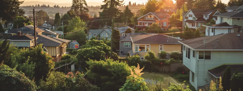 a vibrant tacoma neighborhood showcases a professional plumber skillfully repairing a network of pipes, surrounded by lush greenery and colorful homes under bright afternoon sunlight.