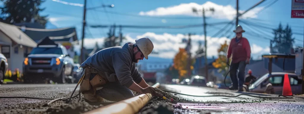 a vibrant urban scene in tacoma showcases a skilled plumber meticulously repairing a pipe under a sunny sky, embodying the community's dedication to prompt, professional service and customer satisfaction.