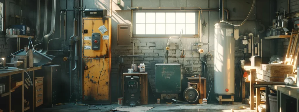 a vibrant, well-lit workshop scene showcases a water heater being expertly installed by a professional technician, emphasizing the contrast between skilled craftsmanship and the potential chaos of diy endeavors.