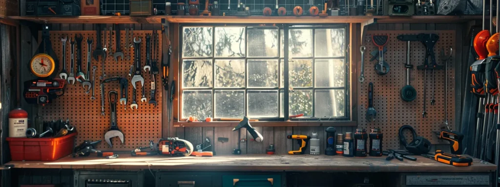 a vibrant workshop scene showcases essential tools like pipe wrenches and adjustable pliers meticulously arranged on a sturdy workbench, illuminated by soft, natural light filtering through a nearby window, evoking a sense of readiness for a diy water heater installation.