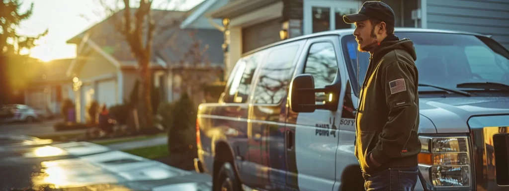 a vigilant homeowner evaluates a responsive customer service representative against a backdrop of a shiny, well-equipped plumbing service van, emphasizing the importance of effective communication and support in tacoma's drain cleaning services.