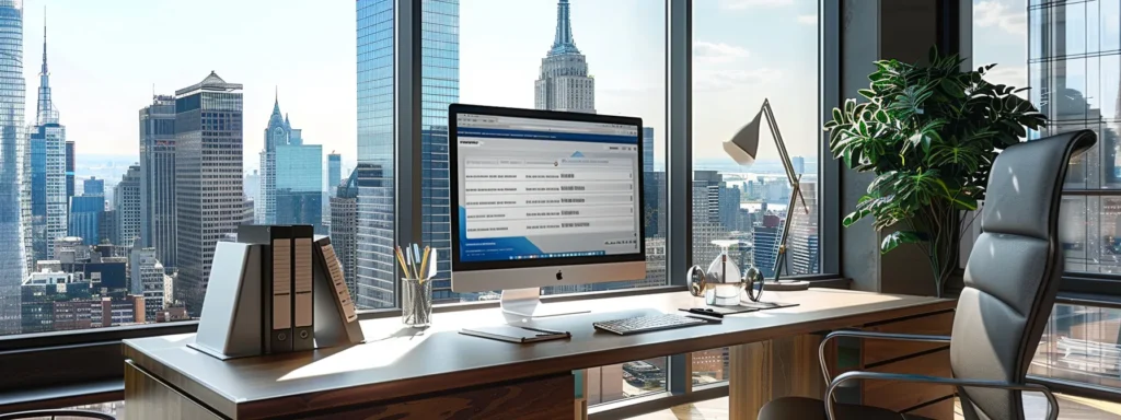 a visually dynamic office workspace showcases a computer screen displaying a local search for hvac services, surrounded by organized brochures and a modern urban skyline visible through a nearby window, emphasizing efficient connectivity to reputable heating and cooling companies.