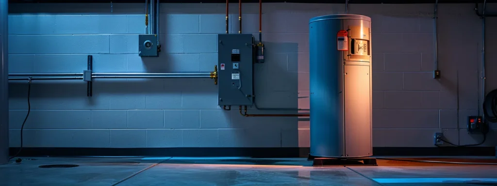 a visually striking image of a commercial water heater installation, featuring a large, improperly sized unit highlighted by dramatic lighting, emphasizing the potential hazards and inefficiencies of faulty diy setups in a business environment.