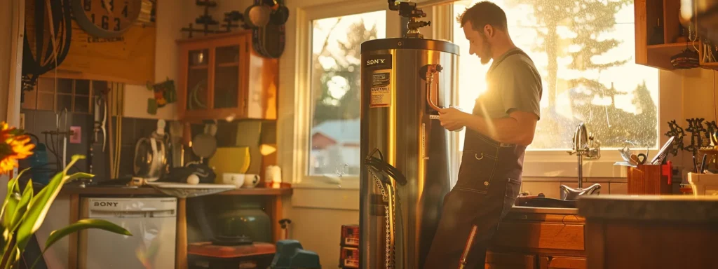 a visually striking scene of a professional plumber expertly installing a sleek, modern water heater in a vibrant, well-lit tacoma home, showcasing the contrast between professional workmanship and diy efforts in a home improvement setting.