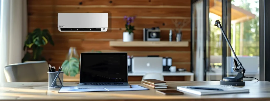 a well-organized home office with a laptop displaying hvac system details, a notepad filled with prepared questions, and clear access to a modern hvac unit in the background, creating a focused atmosphere for an efficient service call.
