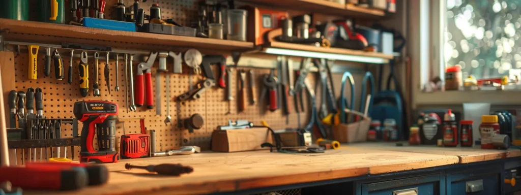a well-organized toolkit filled with essential plumbing tools sits prominently on a clean, polished workbench, bathed in warm, natural light, symbolizing readiness and prevention against emergencies in a cozy home environment.