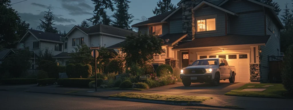 a well-lit, inviting tacoma home exterior prominently features a neatly maintained plumbing service vehicle parked outside, symbolizing reliable assistance amidst a serene neighborhood setting.