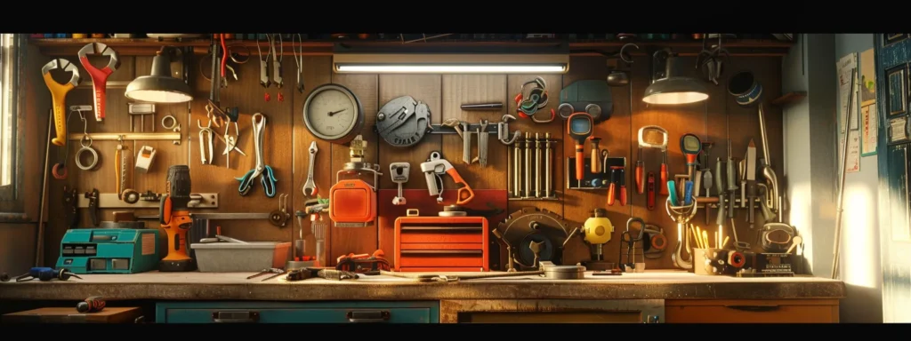 a well-organized home maintenance toolkit, strategically arranged on a wooden workbench, showcases essential plumbing tools glistening under warm, natural light, symbolizing preparedness for unexpected plumbing emergencies in tacoma.