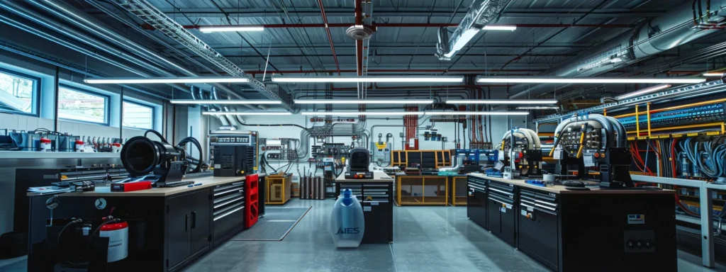 an elegantly organized hvac tech workshop, showcasing trane equipment and components amidst a backdrop of diagnostic tools and schematics, illuminated by bright overhead lights to highlight the intricacies of central heating and cooling systems.
