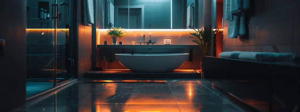 an expert plumber in a sleek, modern las vegas bathroom skillfully resolves a complex pipe issue amidst shiny fixtures and tools, highlighting efficient plumbing and renovation services.