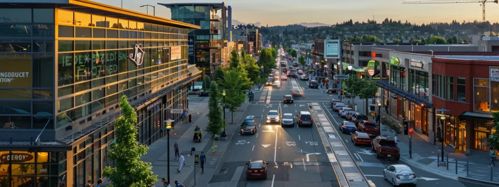 a bustling tacoma commercial district showcases a team of plumbing experts efficiently installing state-of-the-art plumbing systems, highlighting the importance of reliable maintenance and repair services amid a modern urban landscape.