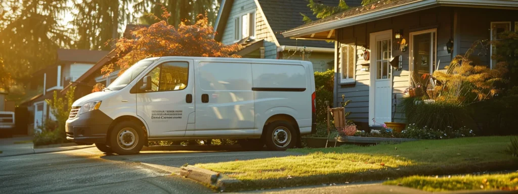 a bustling tacoma plumbing service van stationed outside a residential home, illuminated by warm afternoon sunlight, symbolizes efficient emergency assistance and expert solutions for water heater repairs and unexpected plumbing crises.